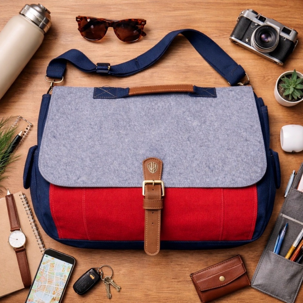 Felt Canvas Laptop Messenger Bag Warner Bros WB Navy Red Adjustable Strap